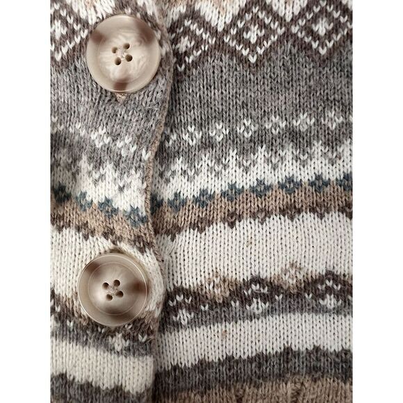 Eddie Bauer Seattle Sweater Womens Med Beige Fair Isle Cardigan Buttons Pocket - Picture 3 of 9